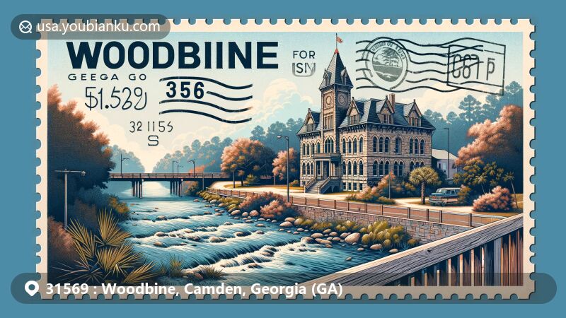 Modern illustration of Woodbine, Camden County, Georgia, featuring Woodbine Riverwalk and Camden County Courthouse, with postal theme and ZIP code 31569.