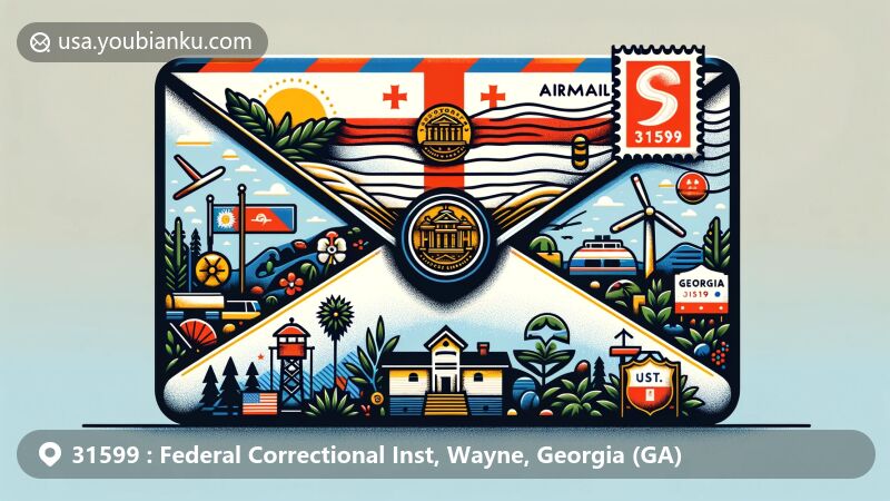Modern illustration of Georgia with airmail envelope, state flag, stamp, postmark, and ZIP code 31599, featuring Georgia, GA text.