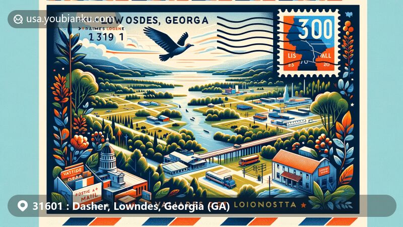 Modern illustration of Dasher, Georgia, in Lowndes County, showcasing postal theme with ZIP code 31601, featuring natural beauty and community vibe of Valdosta, including Georgia state flag, landmarks, and vintage postal car.
