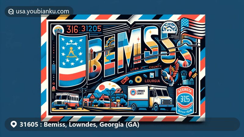 Modern illustration of Bemiss, Lowndes County, Georgia, showcasing postal theme with ZIP code 31605, featuring Georgia State Route 125, state flag, and local cultural symbols.