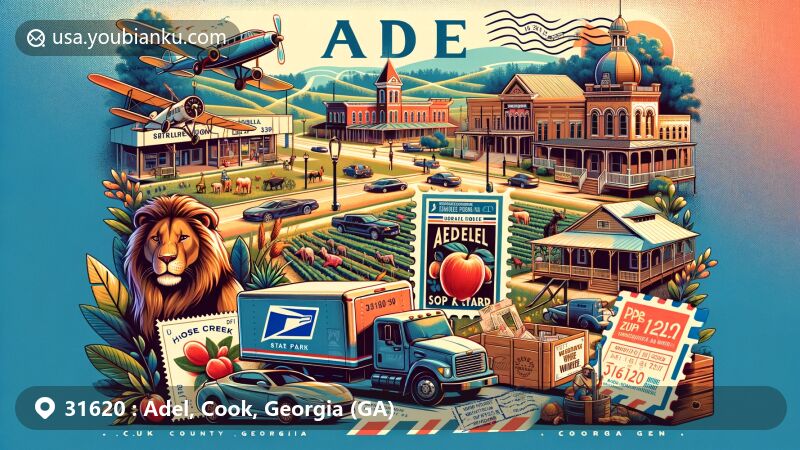 Modern illustration of Adel, Cook County, Georgia, featuring iconic Reed Bingham State Park, downtown historic area, and South Georgia Motorsports Park, capturing the region's lush environment and rich history. Postal elements like vintage air mail envelope, '31620 ZIP Code' stamp, and postal truck enhance the theme of exploration and discovery.