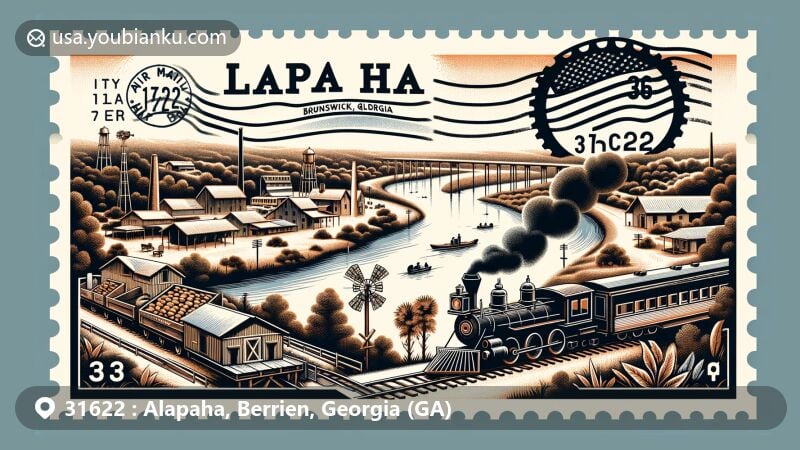 Modern illustration of Alapaha, Georgia, showcasing postal theme with ZIP code 31622, featuring Alapaha River, timber, naval stores, vintage train, and Georgia silhouette.