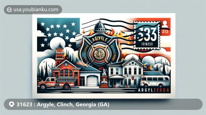 Modern illustration of Argyle, Georgia, highlighting postal theme with ZIP code 31623 and Georgia state symbols, showcasing iconic local landmarks like the volunteer fire department or historical buildings.