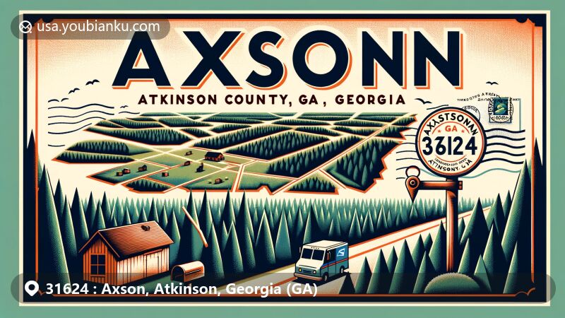 Modern illustration of Axson, Atkinson County, Georgia, featuring southern pine forests and a map outline of Atkinson County, styled as a postcard with 'Axson, GA 31624' and postal elements.