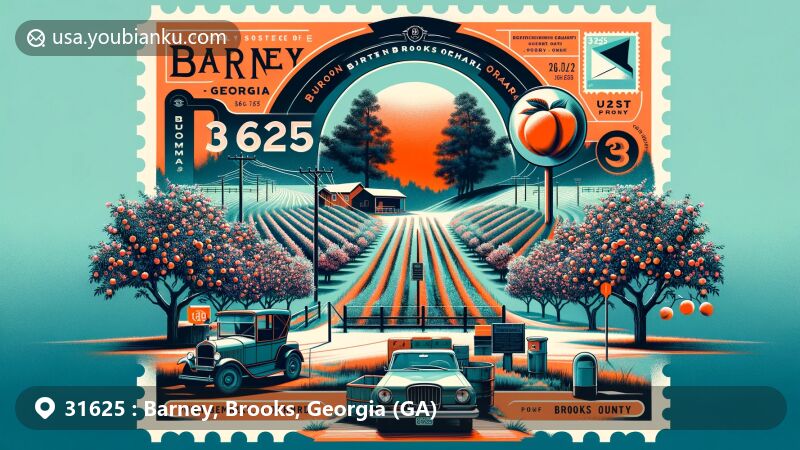 Modern illustration of Barney, Georgia, with ZIP code 31625, featuring Burton Brooks Orchard and rural landscape, symbolizing local agriculture and community spirit.