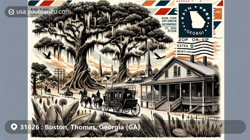 Modern illustration of Boston, Georgia, ZIP code 31626, blending historical roots with contemporary elements, depicting hunting grounds of Creek and Apalachee Indians, old stagecoach stop, moss-covered giant oaks, Boston Community Center, and artistic Georgia state flag.