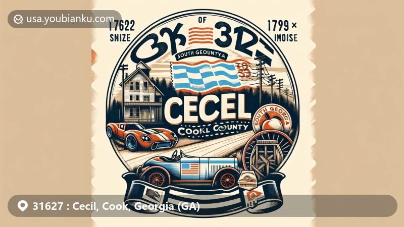 Modern illustration of Cecil, Georgia, showcasing South Georgia Motorsports Park and Old Coffee Road, incorporating vintage air mail envelope with stamps representing Georgia's peaches and state flag.
