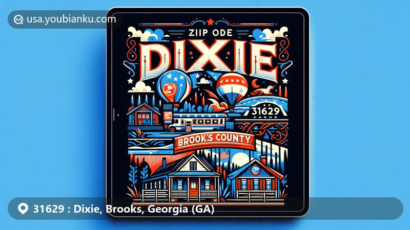 Modern illustration of Dixie, Brooks County, Georgia, with ZIP code 31629, featuring Dixie Post Office, Georgia state flag, and rural landscape, incorporating postal themes and local culture.