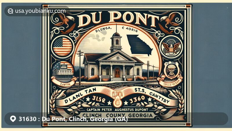Modern illustration of Du Pont, Clinch County, Georgia, highlighting railway history and John Peter Augustus DuPont, featuring Clinch County outline and Georgia state flag.