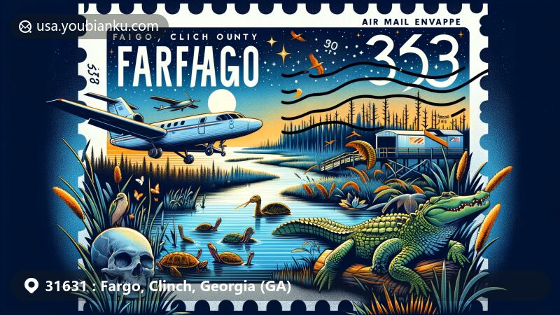 Modern illustration of Fargo, Clinch County, Georgia, featuring ZIP code 31631 and Okefenokee Swamp, with air mail envelope and postage stamp. Stylized wildlife elements include alligators, turtles, and herons against a starry night sky, symbolizing Certified Dark Sky Park status.