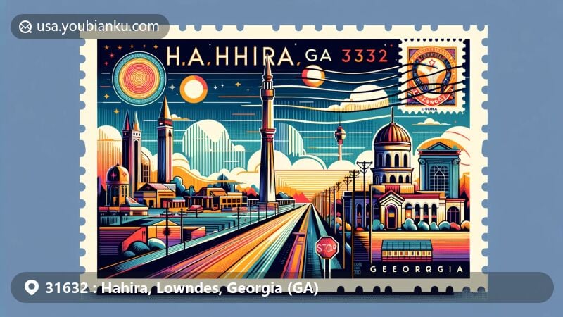 Modern illustration of Hahira, Georgia, in Lowndes County with ZIP code 31632, featuring local landmarks, postal themes, and Georgia state symbols.
