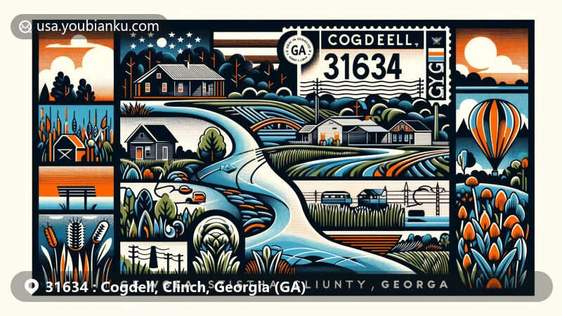 Modern illustration of Cogdell, Clinch County, Georgia, capturing ZIP code 31634 in a postcard design with local geography like Georgia State Route 122, Suwannee and Alapaha River basins, and elements from Okefenokee National Wildlife Refuge.