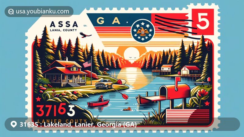Modern illustration of Lakeland, Lanier County, Georgia, showcasing postal theme with ZIP code 31635, highlighting pastoral charm, natural beauty, and outdoor activities like hiking and fishing, with subtle incorporation of Georgia state flag and stylized map outline of Lanier County.