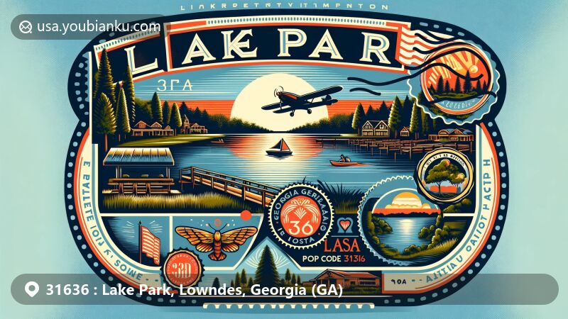 Modern illustration capturing the essence of Lake Park, Georgia, showcasing tranquil lake views, a postal theme with air mail envelope and postage stamp, reflecting the town's charm as the Georgia-Florida Gateway.