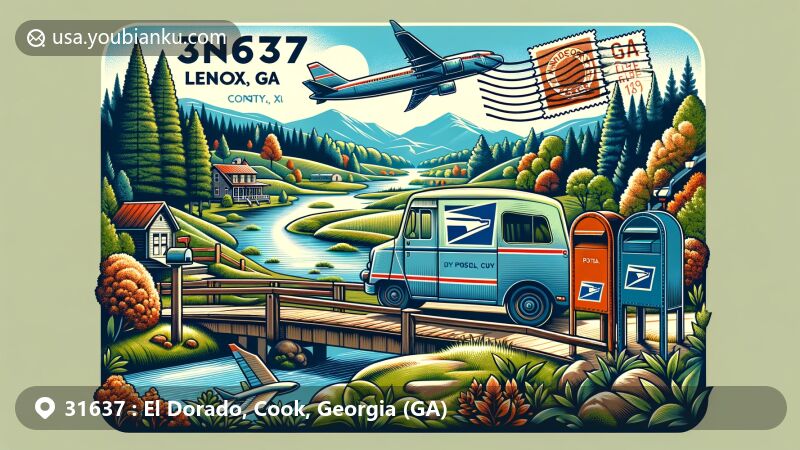 Modern illustration of Lenox, Georgia, showcasing postal theme with ZIP code 31637, featuring Cook County's natural landscapes with lakes, streams, and lush greenery.