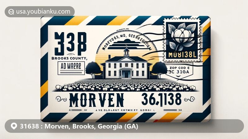Modern illustration of Morven, Georgia, highlighting rural and postal themes with airmail envelope, stamp featuring cotton fields and Old Morven School, and ZIP code 31638.