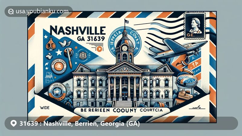 Modern illustration of Nashville, Georgia, highlighting ZIP code 31639 with Historic Berrien County Courthouse, airmail envelope, postmark, and Georgia state flag stamp.