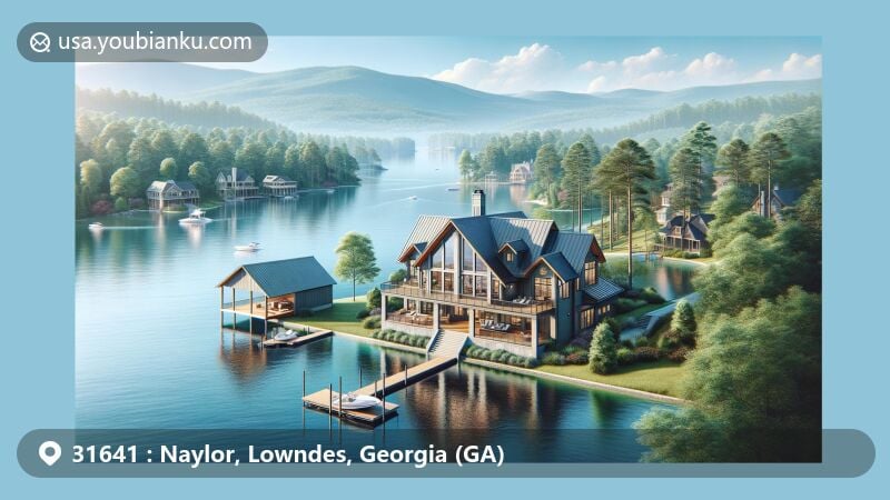 Modern illustration of Naylor, Lowndes, Georgia, focusing on ZIP code 31641, depicting a contemporary waterfront home by Lake Alapaha with panoramic windows, lush greenery, and clear sky, including a private boathouse and a dock by the lake.