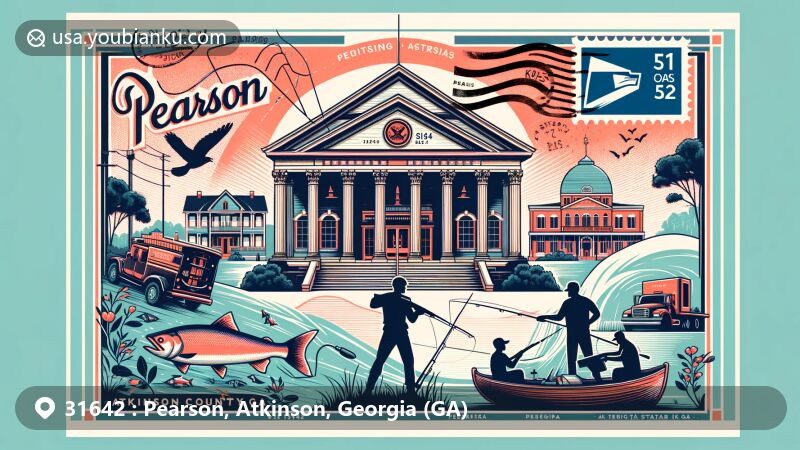 Modern illustration of Pearson, Atkinson County, Georgia, portraying postcard theme with Pearson Opera House, fishing, hunting, and Atkinson County outline, alongside Georgia symbols and ZIP code 31642.
