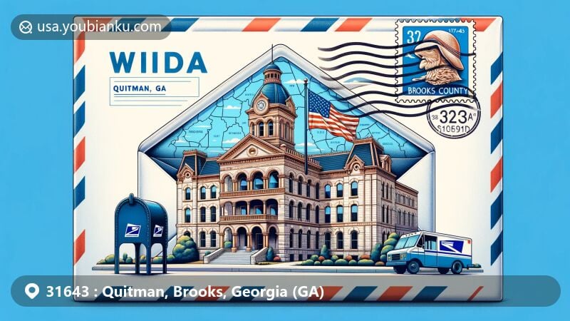 Modern illustration of Quitman, Brooks County, Georgia, highlighting postal theme with ZIP code 31643, featuring Brooks County Courthouse, Georgia state flag, outline map, envelope with postmark, American mailbox, and mail van in vibrant colors.