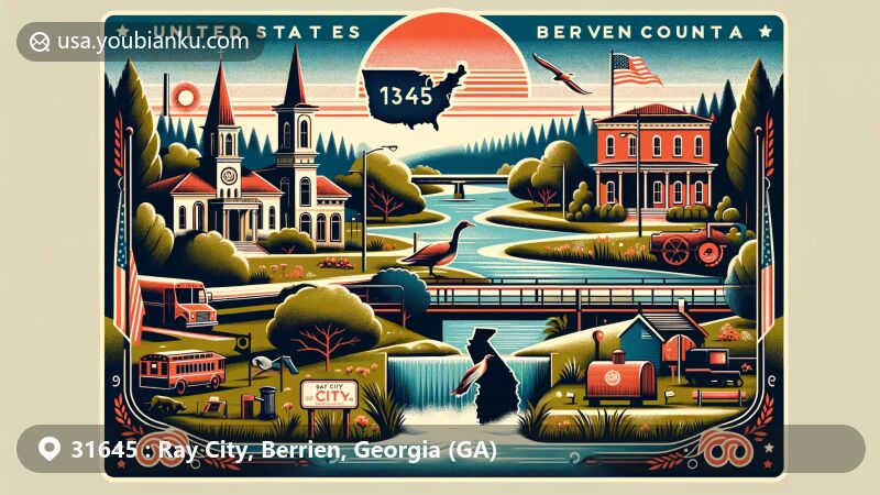 Vibrant illustration of Ray City, Berrien County, Georgia, highlighting scenic Beaverdam Creek, Ray's Pond, and historic landmarks like Ray City High School. Postal theme includes vintage postcard layout with ZIP code 31645.