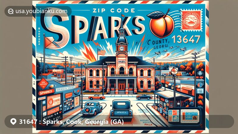 Modern illustration of Sparks, GA, highlighting ZIP code 31647, showcasing Sparks City Hall and Georgia state symbols like the peach, framed in a postcard theme with vintage postage elements.