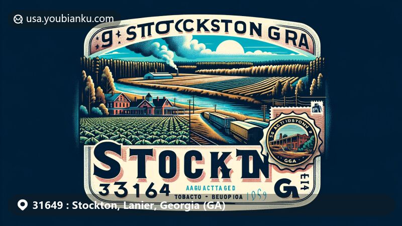 Modern illustration of Stockton, Lanier County, Georgia, depicting ZIP code 31649, with tobacco fields, pine trees, and the Alapaha River, integrating local rural landscape and postal elements.