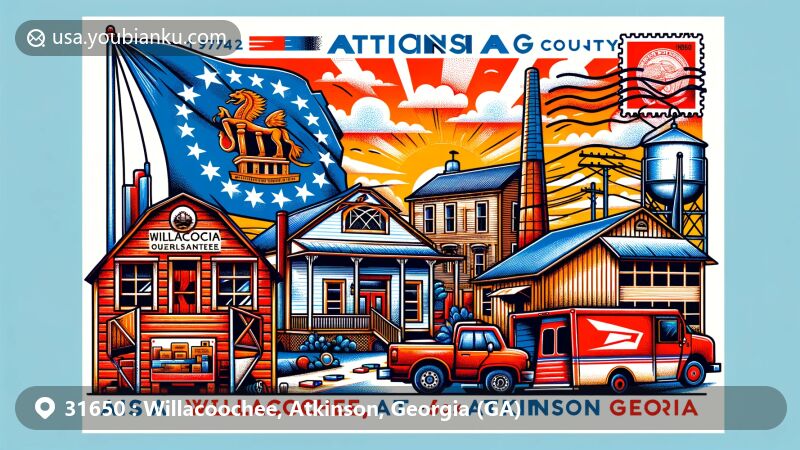 Creative illustration showcasing landmarks and cultural symbols of Willacoochee, Atkinson, Georgia, with postal theme.