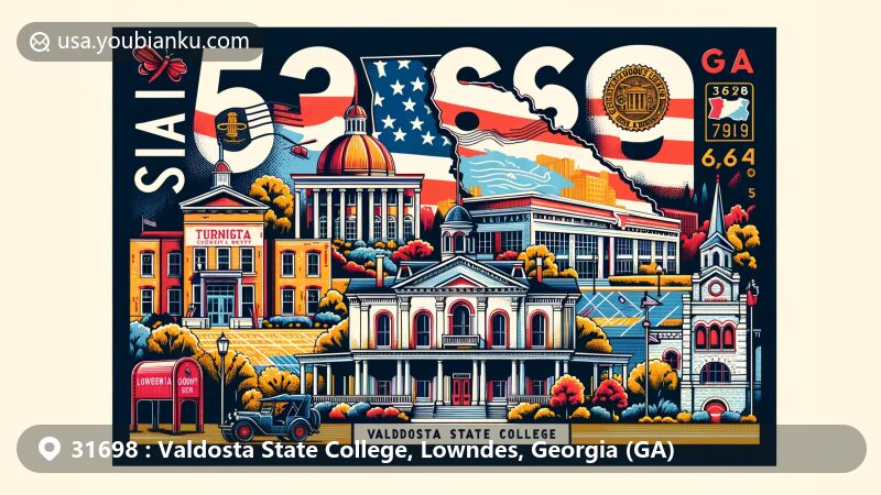 Modern illustration of Valdosta State College, Lowndes County, Georgia, featuring Georgian state flag, landmarks like Turner Center for the Arts, The Crescent, Lowndes County Courthouse, and Bazemore - Hyder Stadium.