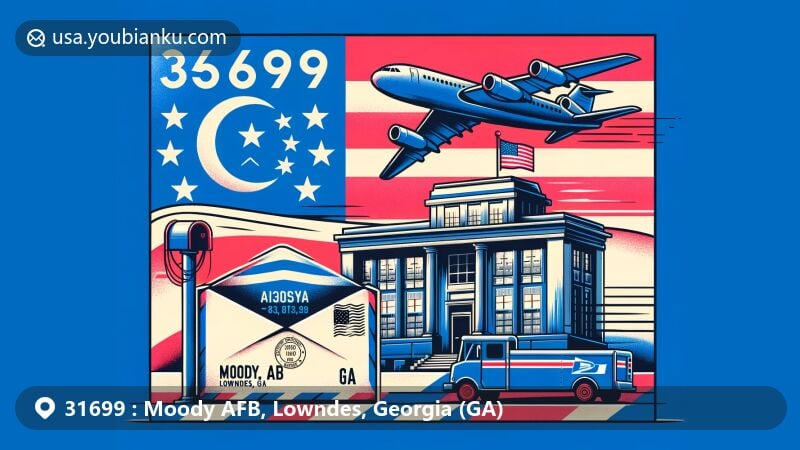 Modern illustration of Moody AFB, Lowndes County, Georgia, showcasing postal theme with ZIP code 31699, featuring Georgia state flag, airmail envelope, Moody Air Force Base representation, and postal elements.