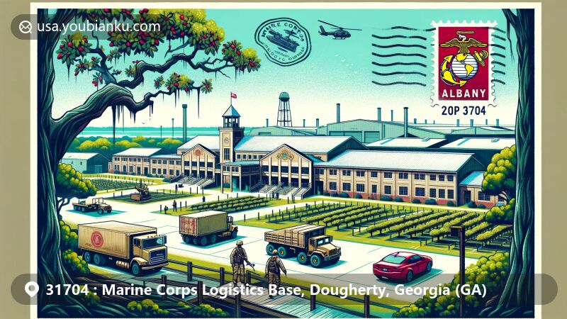 Modern illustration of Marine Corps Logistics Base in Albany, Georgia, featuring ZIP code 31704, showcasing environmental commitment and historical significance, including Dubber Oak tree, pecan orchards, and military logistics.