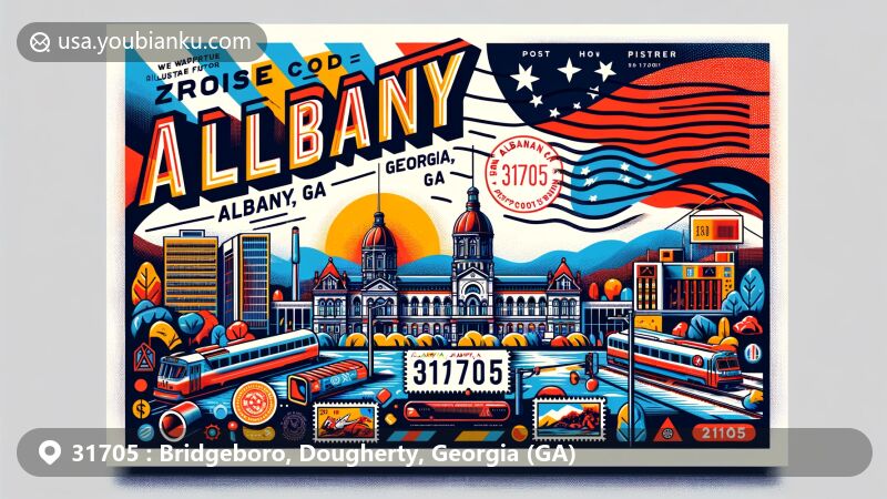 Modern illustration of Albany, Georgia, focusing on ZIP code 31705 with state flag, landmarks, and postal elements in postcard design.