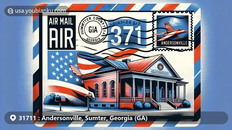 Modern illustration of Andersonville, Sumter County, Georgia, featuring air mail envelope with ZIP code 31711, showing Andersonville National Historic Site, Georgia state flag, and postmark.