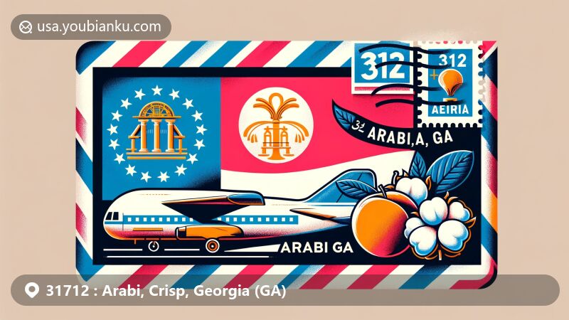 Modern illustration of Arabi, Georgia, showcasing postal theme with airmail envelope, stamp, and postmark featuring Georgia state flag, peach or cotton symbols, and ZIP code 31712.