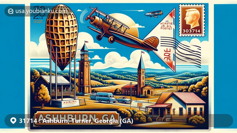 Creative illustration of Ashburn, Georgia, representing ZIP code 31714 with Big Peanut monument and Crime and Punishment Museum, showcasing agricultural honors and cultural heritage.
