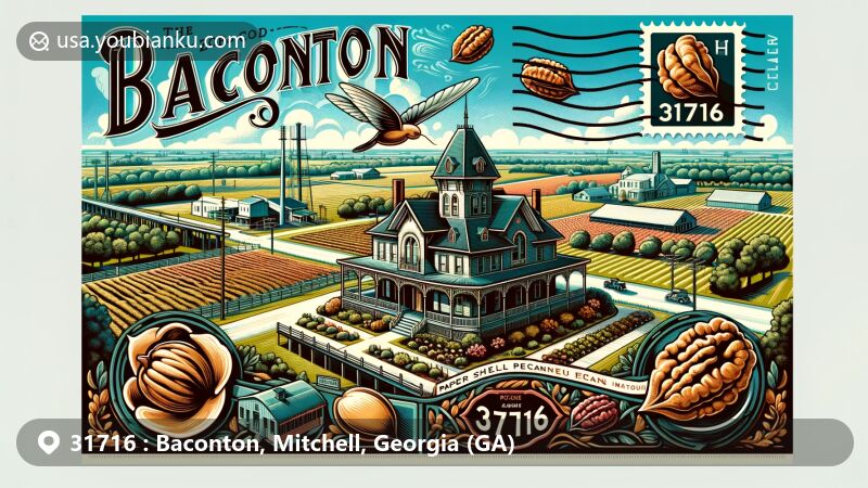 Modern illustration of Baconton, Georgia, celebrating ZIP code 31716 with paper-shell pecan and historic Jackson Davis House, set in vintage postcard style. Background showcases pecan trees and fields, representing city's agricultural essence.