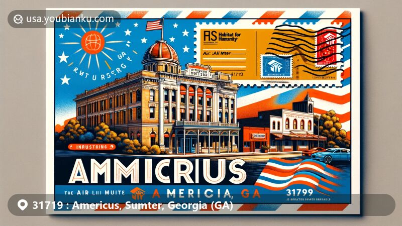 Modern illustration of Americus, Georgia, in Sumter County, resembling a postcard, featuring iconic landmarks like the historic Windsor Hotel and Rylander Theatre, showcasing the city's history and cultural heritage with Georgia state flag, air mail envelope, stamps, and '31719 Americus, GA' postmark.