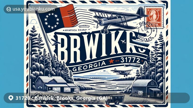 Modern illustration of Barwick, Brooks County, Georgia, showcasing postal theme with ZIP code 31720, featuring Georgia state flag, silhouette of Brooks County, and Southern Georgia landscape elements.