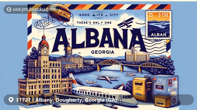 Modern illustration of Albany, Georgia, 31721, with Albany Government Center, Flint River, and vintage air mail envelope, highlighting postal theme.