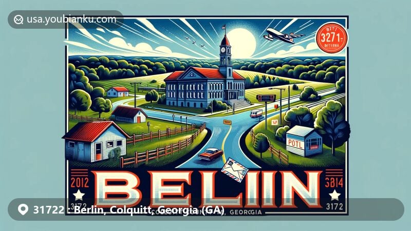 Modern illustration of Berlin, Colquitt County, Georgia, displaying rural charm with iconic City Hall, featuring postal elements like vintage stamp, postal truck, and mailbox, creatively integrating postal theme and ZIP code 31722.