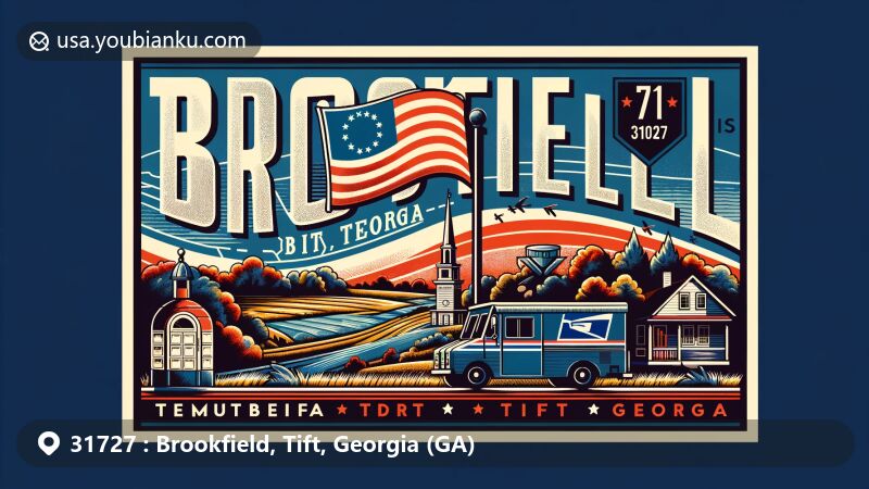 Artistic representation of Brookfield, Tift, Georgia, blending postal theme with local charm, featuring vintage postcard design, Georgia state flag, Tift County map outline, and rural landscapes.
