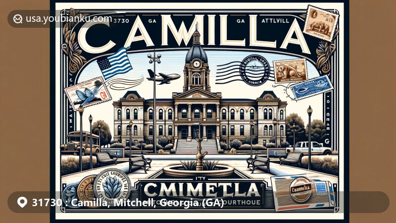 Modern illustration of Camilla, Mitchell County, Georgia, showcasing Courthouse Square Park and Georgia state symbols, with vintage postcard and postal motifs.