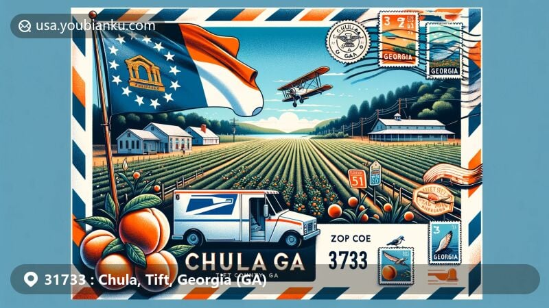 Modern illustration of Chula, Tift County, Georgia, showcasing agricultural essence with Georgia flag, airmail envelope with ZIP code 31733 and 'Chula, GA,' and postal elements like mail truck and mailbox.
