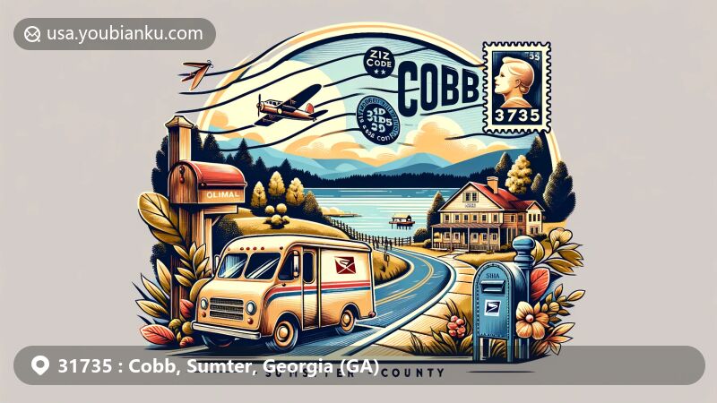 Modern illustration of Cobb area, Sumter County, Georgia, featuring Lake Blackshear in the background, vintage airmail envelope with ZIP code 31735, stamp symbolizing the area, quaint mailbox, postal van, and scenic countryside road.