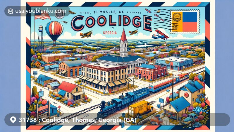 Modern illustration of Coolidge, Georgia, featuring postal theme with Tifton, Thomasville, and Gulf Railroad, historic downtown, and small-town charm within Thomas County.