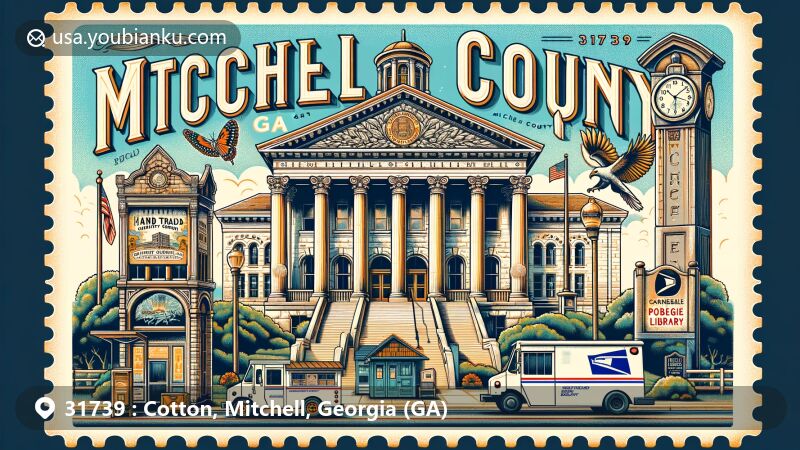 Illustration of Mitchell County, Georgia, highlighting ZIP code 31739, featuring iconic landmarks like the Mitchell County Courthouse, Hand Trading Company Building, and Carnegie Library in Pelham, with vintage postal elements including a postage stamp frame, postmark, mailbox, and delivery truck.