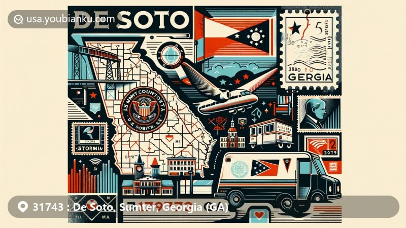 Modern illustration of De Soto, Sumter County, Georgia, showcasing postal theme with ZIP code 31743, featuring state symbols and vintage postal elements.