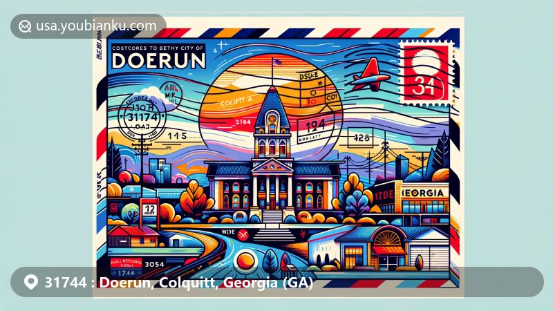 Modern illustration of Doerun, Georgia, showcasing postal theme with ZIP code 31744, featuring Doerun City Hall and other local symbols, creatively combining postal motifs and elements reflecting the city's identity and culture.