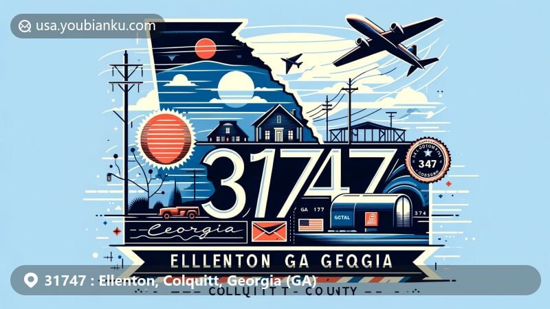 Modern illustration of Ellenton, Colquitt County, Georgia, featuring postal theme with ZIP code 31747, incorporating silhouette of Georgia, outline of Colquitt County, and iconic local symbols.
