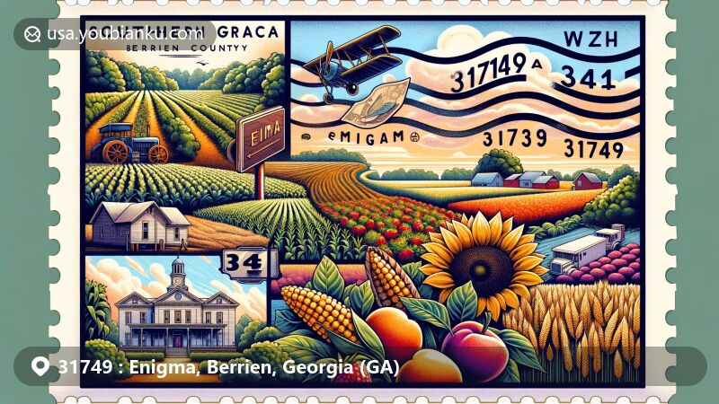 Modern illustration of Enigma, Berrien County, Georgia, featuring ZIP code 31749, showcasing local features merged with postal themes, including crops of Southern Grace Farms and town charm.